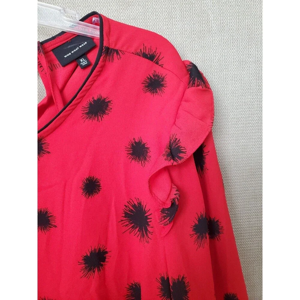 Who What Wear Red Ruffle Long Sleeve Peplum Hem Tie Back Shift Dress Size XL